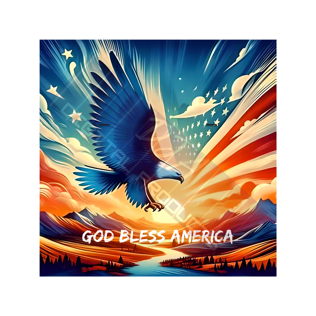 Digital File: American Eagle profile soaring over USA with American Flag and "God Bless America"