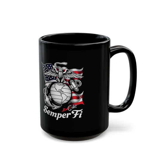 Marine Corps Mug - Semper Fi - Gift for Veterans - patriotic, black, 15oz