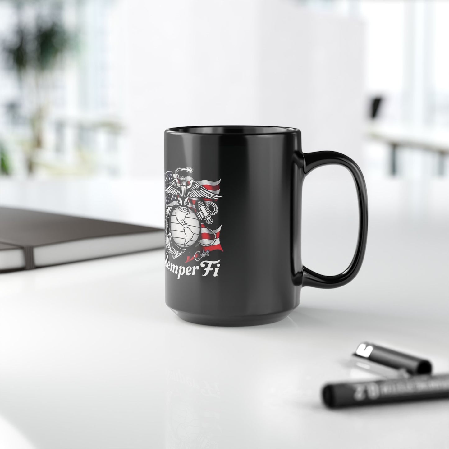 Marine Corps Mug - Semper Fi - Gift for Veterans - patriotic, black, 15oz