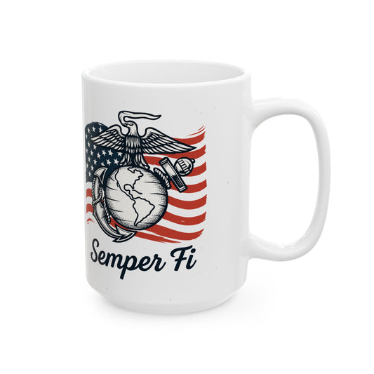 Marine Corps Mug - Semper Fi - Gift for Veterans - patriotic, white, 15oz