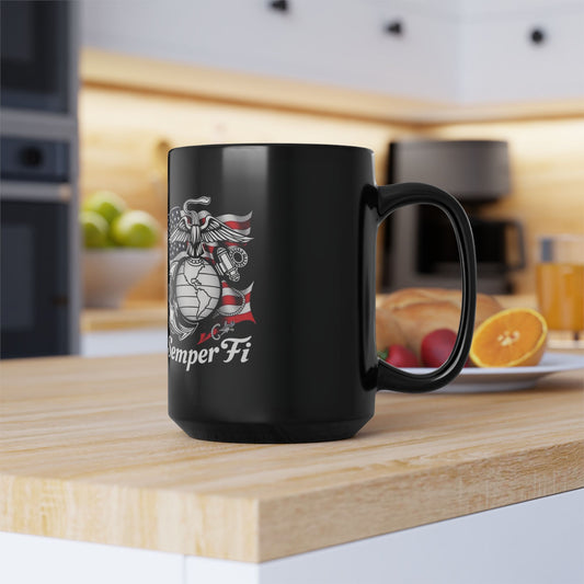 Marine Corps Mug - Semper Fi - Gift for Veterans - patriotic, black, 15oz