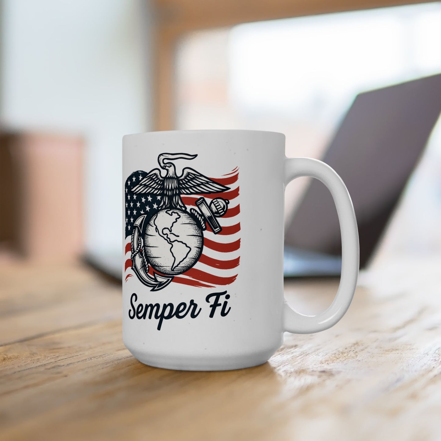 Marine Corps Mug - Semper Fi - Gift for Veterans - patriotic, white, 15oz