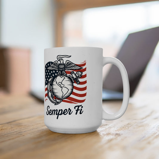 Marine Corps Mug - Semper Fi - Gift for Veterans - patriotic, white, 15oz