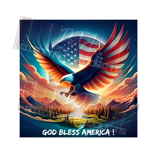 Digital File: American Eagle soaring over USA with American Flag and "God Bless America"