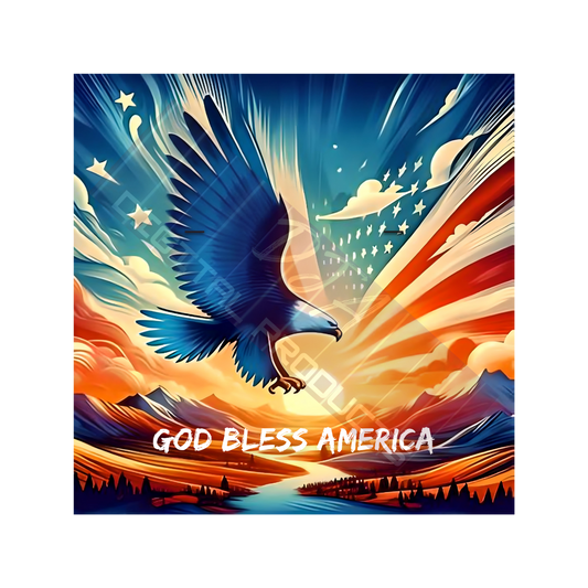 Digital File: American Eagle profile soaring over USA with American Flag and "God Bless America"
